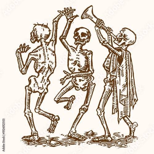 Vintage woodcut illustration of skeletons dancing with a skeleton playing a horn, a whimsical yet eerie scene with a sepia tone.
