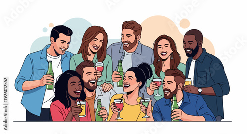 Diverse group of friends cheering with drinks at a social gathering smiling and laughing together in a colorful illustration