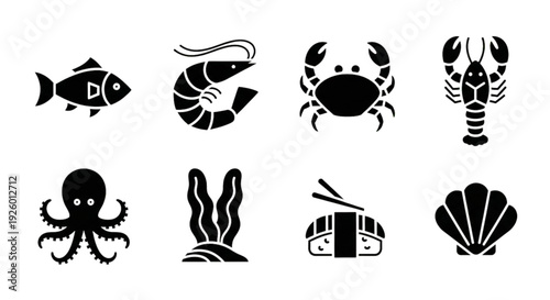 Seafood Icon Set – Fish, Shrimp and Marine Food Solid Vector Collection