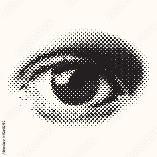 A striking close-up of a human eye rendered in a bold halftone dot pattern, suggesting surveillance, vision, or perception.