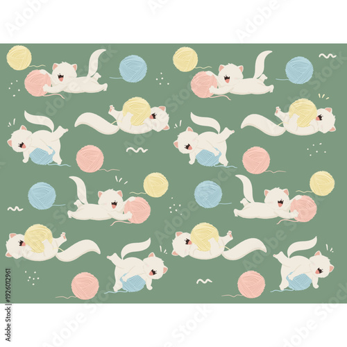 Seamless vector illustration set featuring a cute cartoon animal pattern with cats, mice, and farm friends like sheep and pigs in a fun doodle art design for baby wallpaper