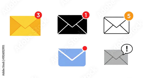 Email Notification Icon Set – Envelope Message with Unread Badge Flat Vector Collection