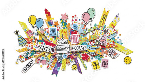 Happy birthday celebration with confetti, balloons, cake and gifts, festive design