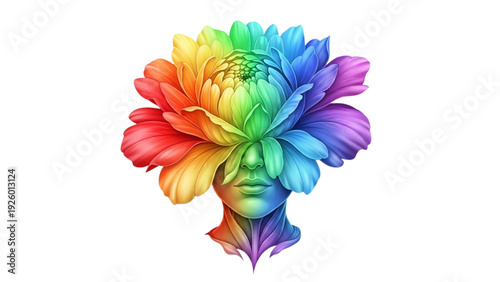 Abstract Woman Face Emerging from a Vibrant Rainbow-Colored Flower Petals