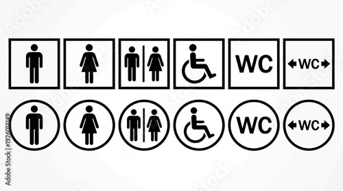 Public Restroom & WC Icons Set: Men, Women, Unisex, Disabled Access, & Directional Signs in Square & Circle Frames