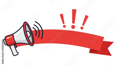Dynamic loudspeaker graphic with an alert symbol and a blank red banner for urgent messages