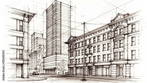 Architectural Hand-Drawn Perspective Sketch of a Dynamic Urban Cityscape Featuring Modern and Classic Buildings
