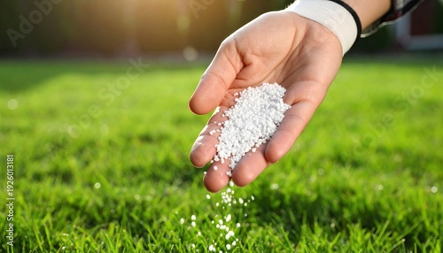 Hand Spreading Fertilizer Pellets on Grass Lawn