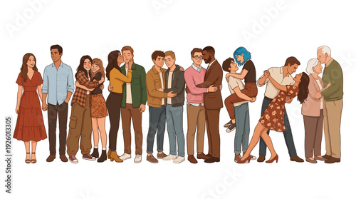 Love and Connection: Diverse Illustrated Couples Celebrating Modern Relationships, Affection, and Inclusivity Across All Ages