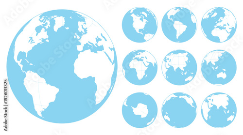 Vector Earth Globe Projections Set - Global and Continental Views of World Map
