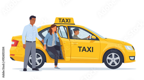 Yellow Taxi Cab Service: Passengers Exiting Car with Driver. Urban Transportation, Ride-Sharing, and Convenience. Flat Vector Illustration.