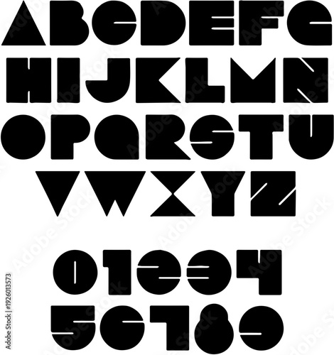 Geometric Modular Alphabet and Numbers Set, Modern Blocky Vector Typography, Abstract Bold Display Font Collection