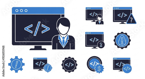Web development concept with programmer and coding symbols on screens and gears
