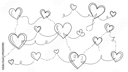 Charming Hand-Drawn Hearts Connected by Wavy Lines, Symbolizing Love and Connection