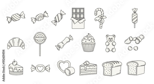 Candy and Sweets Line Icon Set – Confectionery, Bakery and Dessert Outline Vector Collection