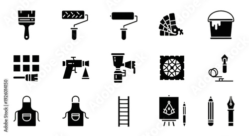 Painting and Decorating Icon Set – Painter Tools and Art Supplies Solid Vector Collection