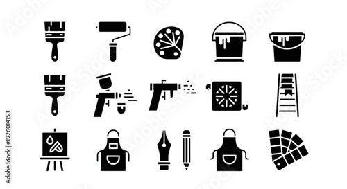 Painting and Decorating Icon Set – Painter Tools and Art Supplies Solid Vector Collection
