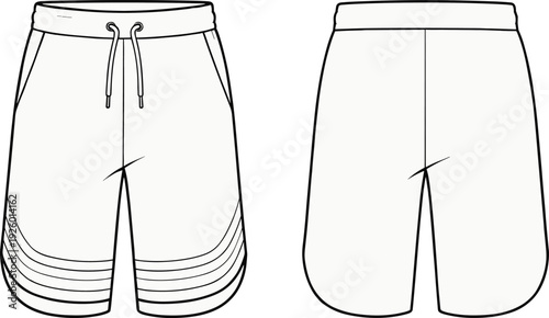 Fashion Technical Sketch of Men's Sweat Shorts Featuring Elastic Waistband Drawstrings Side Pockets and Curved Hem Detail for Apparel Design Flat Template Vector Illustration