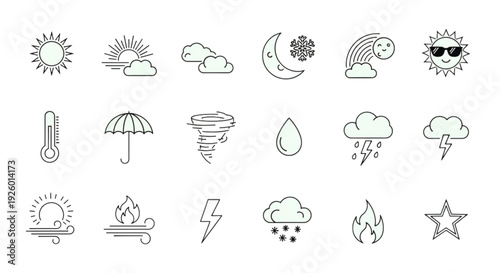 Weather Line Icon Set – Climate, Rain, Sun and Storm Outline Vector Collection