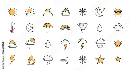 Weather Line Icon Set – Climate, Rain, Sun and Storm Outline Vector Collection