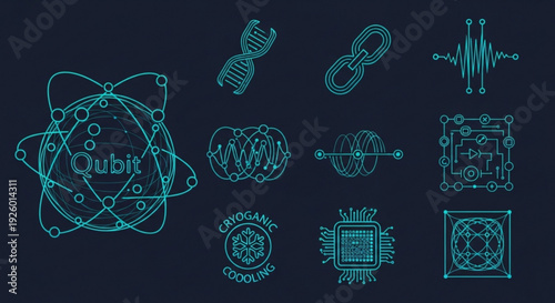 Quantum computing and technology symbols on dark background qubit dna microchip circuit board cryptography icons