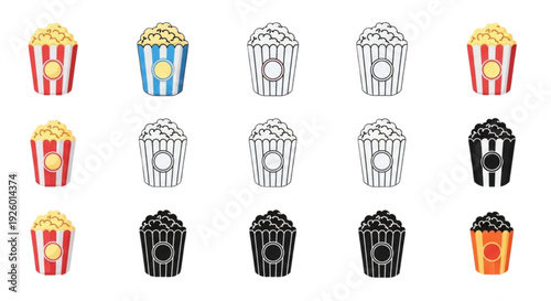 Popcorn Bucket Icon Set – Cinema Snack Flat, Outline and Solid Vector Collection