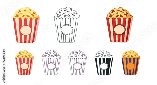 Popcorn Bucket Icon Set – Cinema Snack Flat, Outline and Solid Vector Collection