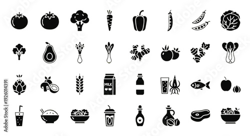 Healthy Food Icon Set – Fruits, Vegetables, Seafood and Beverage Solid Vector Collection