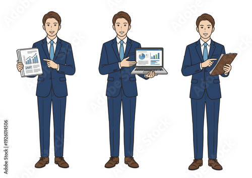 ビジネスマンのプレゼンテーションイラストセット（資料・ノートPC・クリップボード）