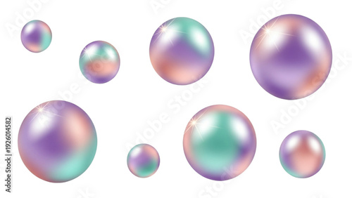Iridescent spheres in varying sizes, displaying pastel gradients of purple, teal, and pink, isolated on white