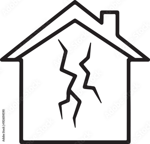 Single house outline with a crack symbol inside representing structural damage earthquake damage building deterioration home repair house foundation problem, crisis situation, vulnerability risk...