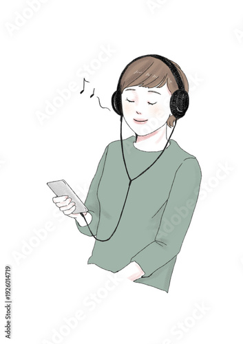 イラスト素材：音楽鑑賞・リラックス・女性