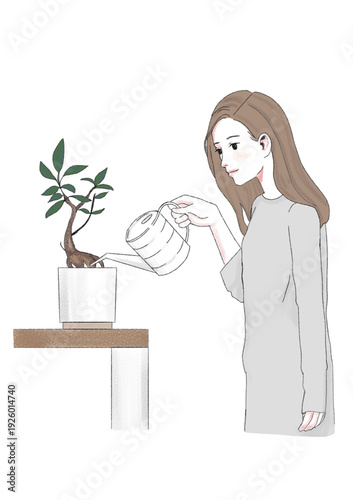 イラスト素材：植物・水遣り・女性
