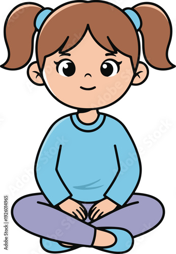 Canvastavla Cute cartoon girl with pigtails sitting cross-legged, smiling child character in flat style illustration isolated on white background