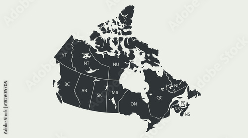 Vector Map of Canada with Provinces and Territories - Labeled Outline in Grayscale