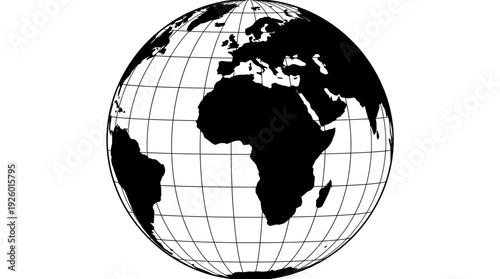 Black and White Earth Globe Map with Grid Lines Vector Illustration