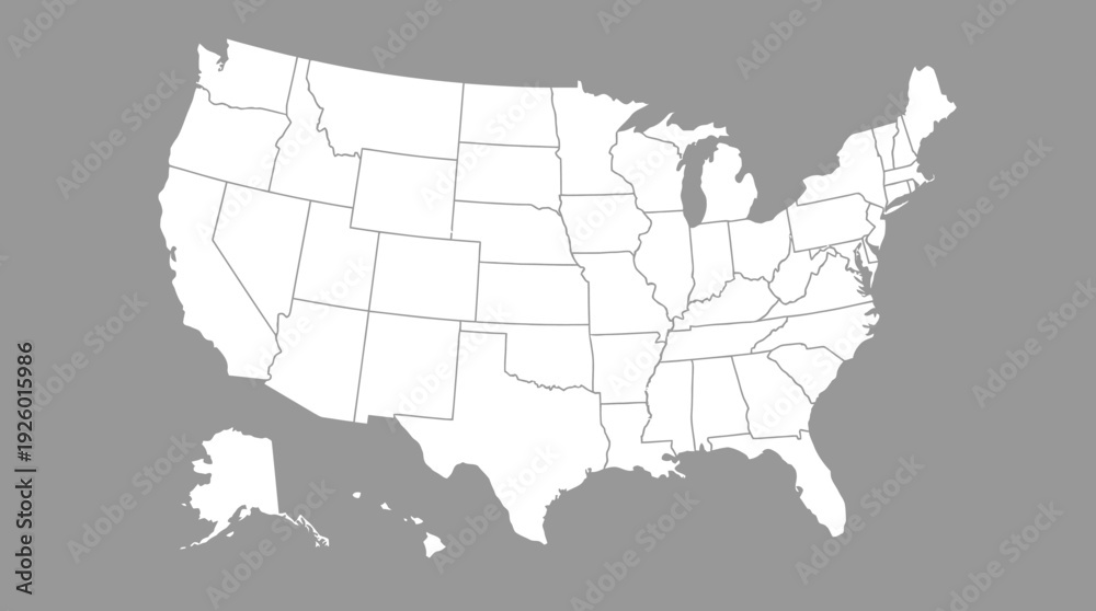 Obraz premium Blank USA Map with State Outlines: White United States on Gray Background, Ideal for Customizable Infographics, Education & Presentations
