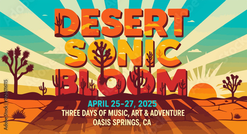 Desert music festival poster with colorful sunburst background and adventurous vibe