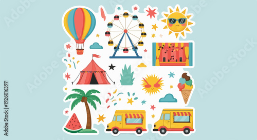 Colorful summer vacation icons including hot air balloon tent palm tree school buses and ice cream on a light blue background with white space
