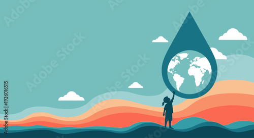 Celebrating World Water Day A young girl holds the Earth in a water droplet, symbolizing conservation and our planet's precious resource