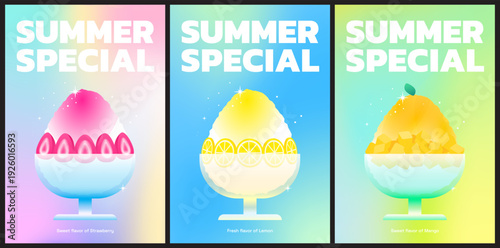 Set of summer special bingsu posters with strawberry, lemon, and mango flavors on gradient backgrounds