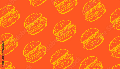 Burger Seamless Pattern. Hand Drawn Fast Food Illustration. Cheeseburger Repeating Background. Minimal Doodle Vector Texture.