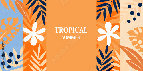 Colorful tropical leaves and flowers create a vibrant summer background
