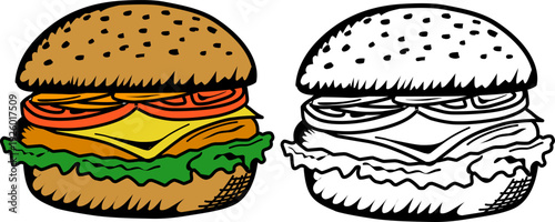 Burger Hand Drawn Fast Food Illustration. Cheeseburger Repeating. Minimal Doodle Vector Texture.