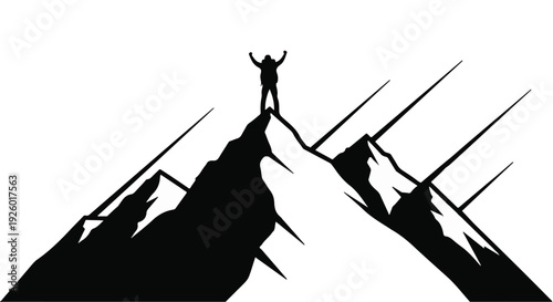 Hiker stands triumphantly on the peak of a mountain range in this black and white graphic illustration.