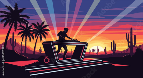 Dj spinning records on turntable in desert landscape at vibrant sunset with palm trees and cacti