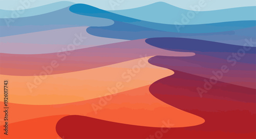 Vibrant desert landscape with wavy sand dunes at sunset gradient sky with warm orange red and blue hues abstract natural scenery