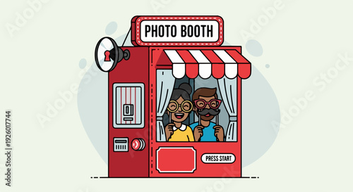 Two happy people inside a red photo booth with striped awning and sign smiling and taking a picture together