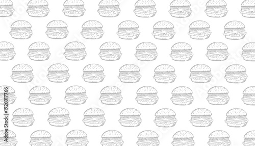 Burger Seamless Pattern. Hand Drawn Fast Food Illustration. Cheeseburger Repeating Background. Minimal Doodle Vector Texture.