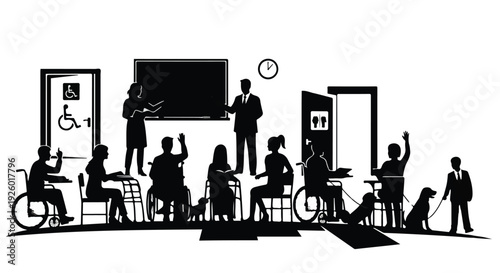 Diverse group of people with disabilities participating in an inclusive classroom setting, demonstrating accessibility and equal opportunity in education.